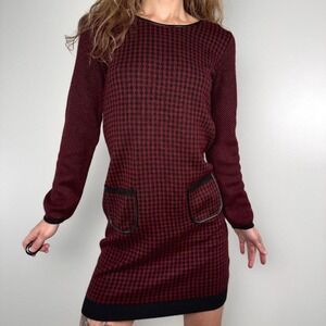Nine West Deep Red Houndstooth Sweater Dress | Vintage Knit Mini | XS